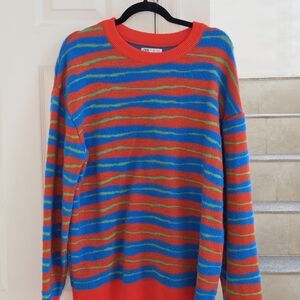 Zara Multicolor Striped Crewneck Sweater - Red, Blue & Green